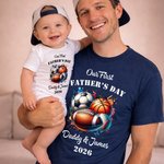Personalized Balls Pattern Our First Father's Day 100% Cotton T-shirt Baby Bodysuit with Name and Year Birthday Father's Day Gift for Baby Father