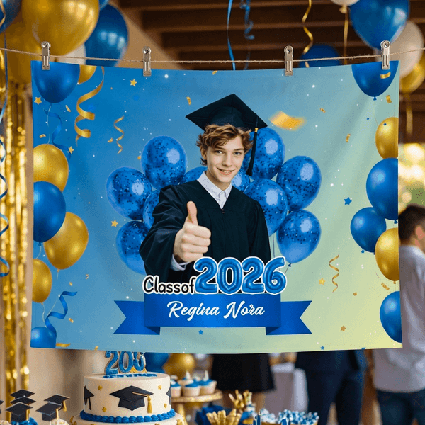 Personalized Class of 2026 Photo Colorful Balloons Banner with Name and Year Graduation Ceremony Party Gift for Graduates