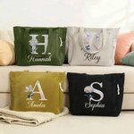 Personalised Pearl Effect Birth Flower Corduroy Large Capacity Tote Bag with Name and Initial Daily Use Birthday Gift for Her