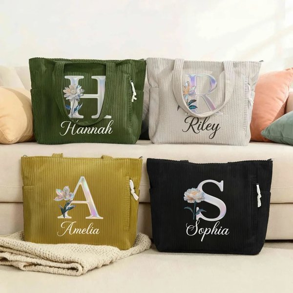 Personalised Pearl Effect Birth Flower Corduroy Large Capacity Tote Bag with Name and Initial Daily Use Birthday Gift for Her