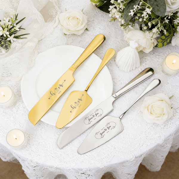 Personalised Initial Wreath Design Wedding Cake Knife Server Set with Name and Date 2 Pcs Wedding Gift for Newlyweds Couple