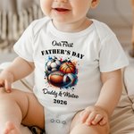 Personalized Balls Pattern Our First Father's Day 100% Cotton T-shirt Baby Bodysuit with Name and Year Birthday Father's Day Gift for Baby Father