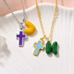 Personalized Multicolour Enamel Bubble Initial Cross Necklace Religious Jewellery Birthday Baptism Mother's Day Gift for Women Christians
