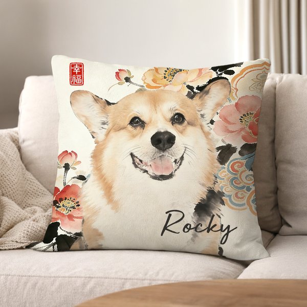 Personalized Chinese Ink-Wash Style Pet Photo Throw Pillow Cover with Name Home Decor Birthday Anniversary Gift for Friend Pet Owner