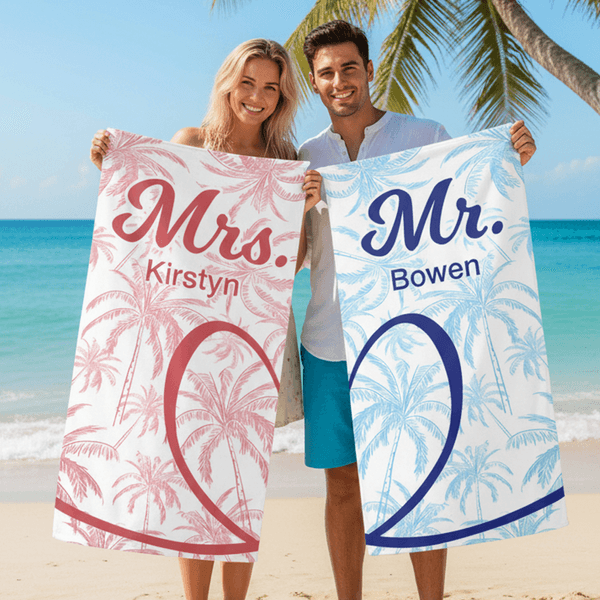 Personalized Palm Half Heart Quick Dry Soft Oversized Beach Towel with Name Summer Pool Beach Party Birthday Gift for Couple