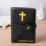 Personalized Golden Cross PU Leather Strap Journal Notebook with Initial and Text Religious Baptism Birthday Gift for Christian Pastor