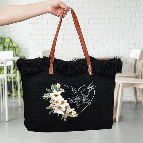Sac de toile personnalisé avec couleur et fleur de naissance prénoms de 1 à 6 membres de la famille - Cadeau de fête des Mères pour les femmes