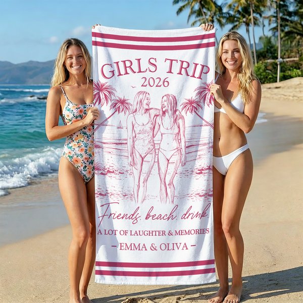Personalised Hand-Drawn Style Photo Palm Quick Dry Soft Oversized Beach Towel with Names Summer Holiday Beach Party Birthday Gift for Women Besties