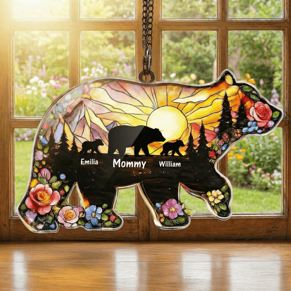 Personalised Mother Baby Bears Sun Flower Acrylic Hanging Ornament with Nickname and Names Home Decor Mother's Day Birthday Gift for Mom Grandma