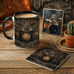 Personalised Black Vintage Drum 11 oz 15 oz Ceramic Mug Coaster with Name Unique Birthday Drummer Gift for Music Lover