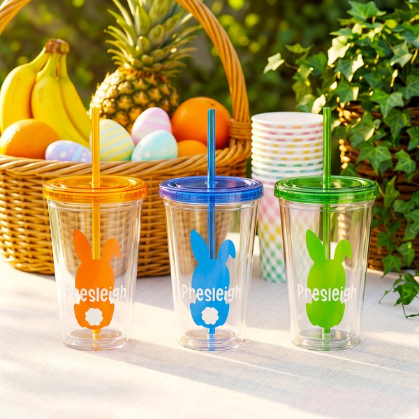 Personalized Cute Bunny Silhouette Name 16 oz Reusable Plastic Water Cup with Lid and Straw Easter Birthday Gift for Children