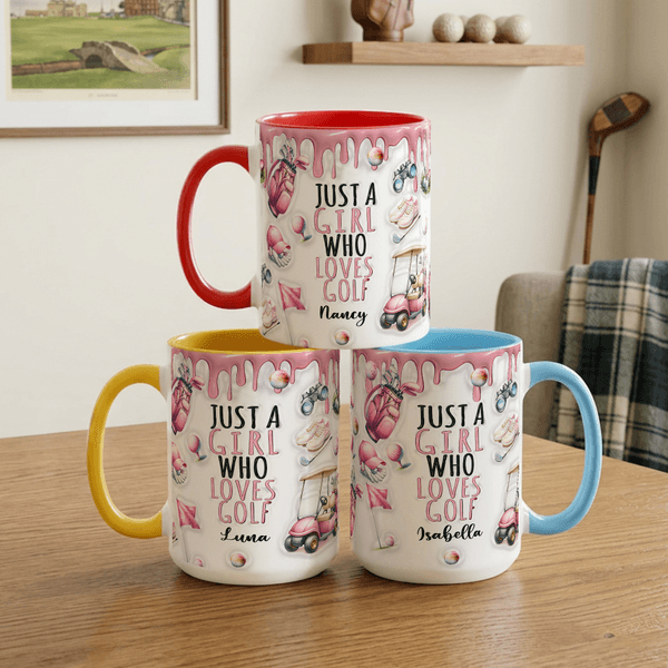 Taza de Cerámica Personalizada Girl Loves Golf 11 oz 15 oz con Nombre y Posavasos Regalo de Cumpleaños de Uso Diario para Golfistas Amantes del Golf
