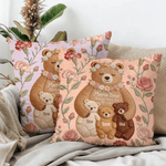 Personalized Imitation Embroidery Effect Flower Cute Mom-Baby Bear Soft Throw Pillow Cover with Names Room Decor Mother's Day Gift for Mom