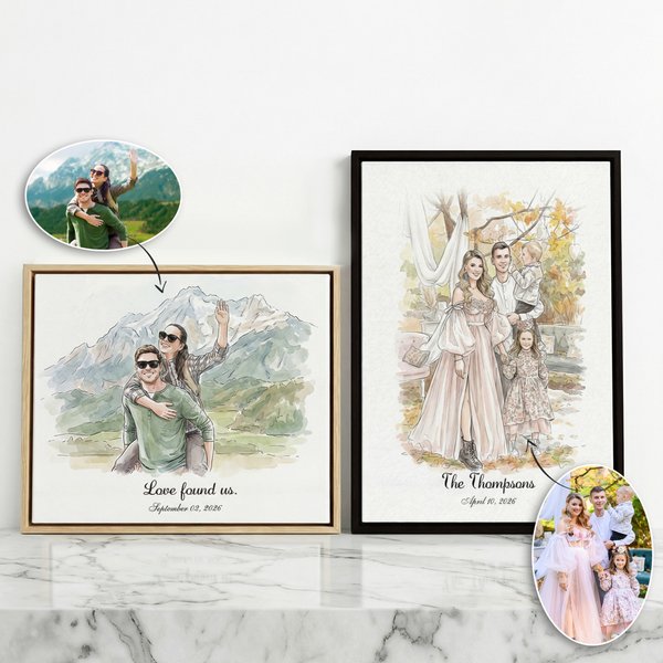 Personalized Watercolor Photo Framed Canvas Print with Date and Text Home Decor Ship from USA Valentine's Day Anniversary Gift for Couples Newlyweds