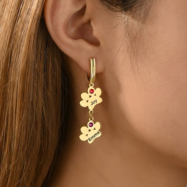 Personalised 1-4 Paw Prints Birthsonte Earrings with Name Dainty Jewellery Birthday Anniversary Gift for Women Pet Owners