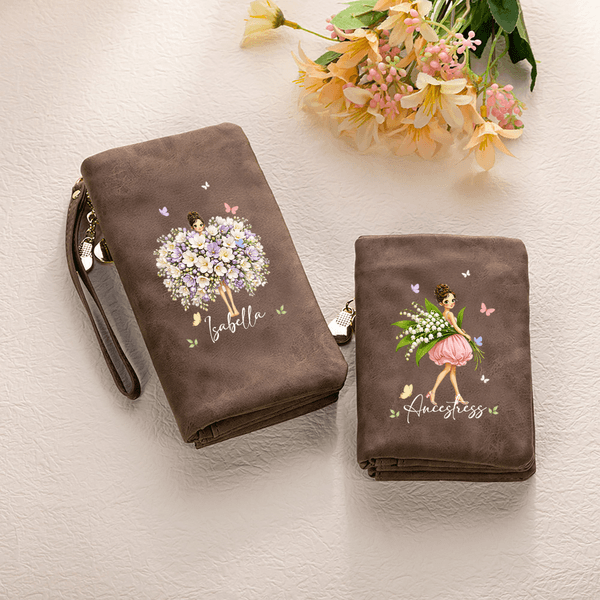 Personalized Cartoon Girl Birth Flower PU Leather Vintage Woman Wallet with Wrist Strap and Name Birthday Mother's Day Gift for Mom Sister