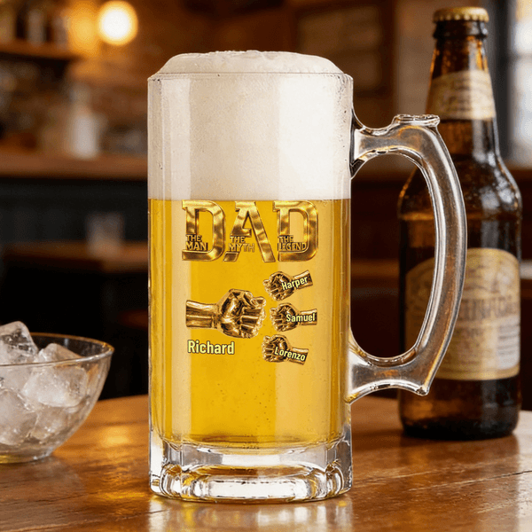 Personalized Fist-Bump Dad 1-9 Names Beer Glass with Handle Father's Day Birthday Gift for Dad Grandfather Beer Lover