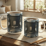 Personalised Black Vintage Drum 11 oz 15 oz Ceramic Mug Coaster with Name Unique Birthday Drummer Gift for Music Lover