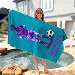 Personalized Soccer Player Silhouette Quick Dry Oversized Beach Towel with Name and Number Summer Vacation Travel Gift for Soccer Lover