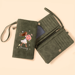 Personalised Cartoon Girl Birth Flower PU Leather Vintage Woman Wallet with Wrist Strap and Name Birthday Mother's Day Gift for Mom Sister