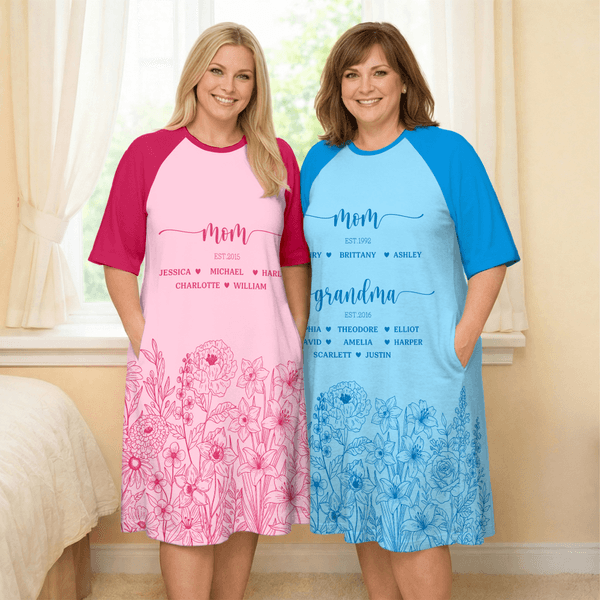 Personalized Hand-Painted Flowers Soft Sleep Dress with Names and Year Mother's Day Birthday Gift for Mom Grandma