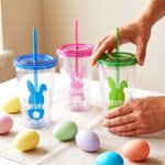Personalized Cute Bunny Silhouette Name 16 oz Reusable Plastic Water Cup with Lid and Straw Easter Birthday Gift for Children