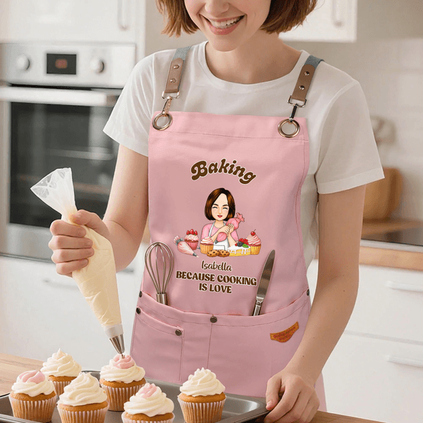 Personalised Cartoon Baking Character Baking Adult Apron with Name and Pockets Daily Cooking Holiday Gift for Mom Grandma