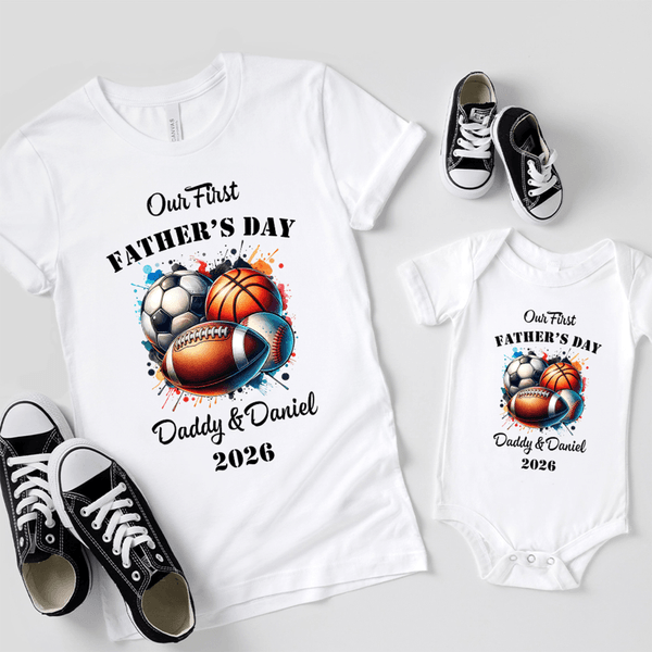 Personalized Balls Pattern Our First Father's Day 100% Cotton T-shirt Baby Bodysuit with Name and Year Birthday Father's Day Gift for Baby Father
