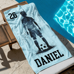 Personalized Soccer Player Silhouette Quick Dry Oversized Beach Towel with Name and Number Summer Vacation Travel Gift for Soccer Lover