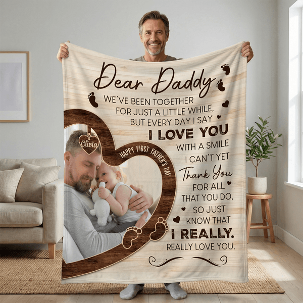Personalized Dear Daddy Photo Soft Throw Blanket with Name Home Decor First Father's Day Gift for New Dad
