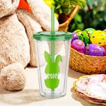 Personalized Cute Bunny Silhouette Name 16 oz Reusable Plastic Water Cup with Lid and Straw Easter Birthday Gift for Children