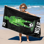 Personalized Soccer Player Silhouette Quick Dry Oversized Beach Towel with Name and Number Summer Vacation Travel Gift for Soccer Lover