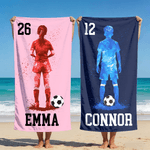 Personalized Soccer Player Silhouette Quick Dry Oversized Beach Towel with Name and Number Summer Vacation Travel Gift for Soccer Lover