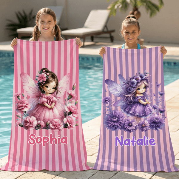 Personalized Birth Flower Fairy Oversized Quick-Dry Beach Towel with Name Beach Party Birthday Gift for Girl