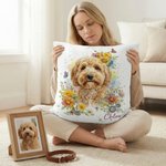 Personalized Watercolour Flowers Pet Photo Soft Throw Pillow Cover with Name Home Decor Loss of Pet Birthday Gift for Pet Owner Lover