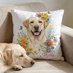 Personalized Watercolour Flowers Pet Photo Soft Throw Pillow Cover with Name Home Decor Loss of Pet Birthday Gift for Pet Owner Lover