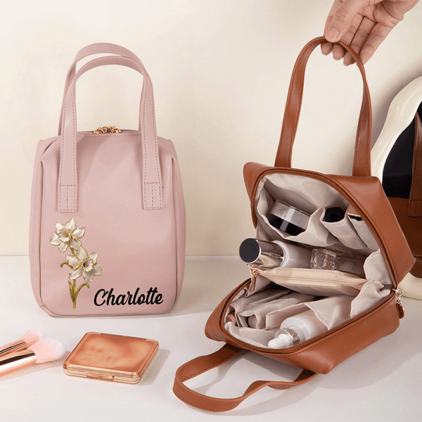 Personalized Vintage Gold-Edged Birth Flower Name Portable PU Leather Makeup Bag with Handle Travel Accessory Birthday Gift for Women Girls