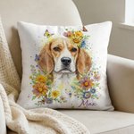 Personalized Watercolour Flowers Pet Photo Soft Throw Pillow Cover with Name Home Decor Loss of Pet Birthday Gift for Pet Owner Lover