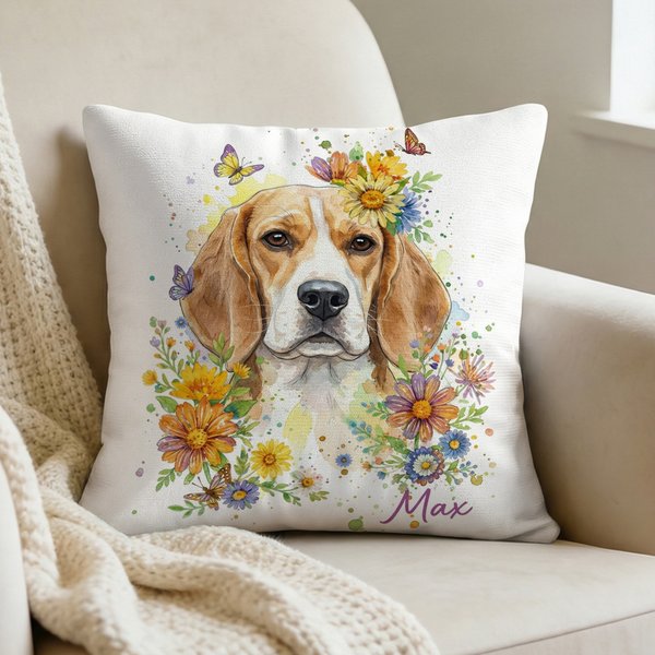 Personalised Watercolour Flowers Pet Photo Soft Cushion Cover with Name Home Decor Loss of Pet Birthday Gift for Pet Owner Lover