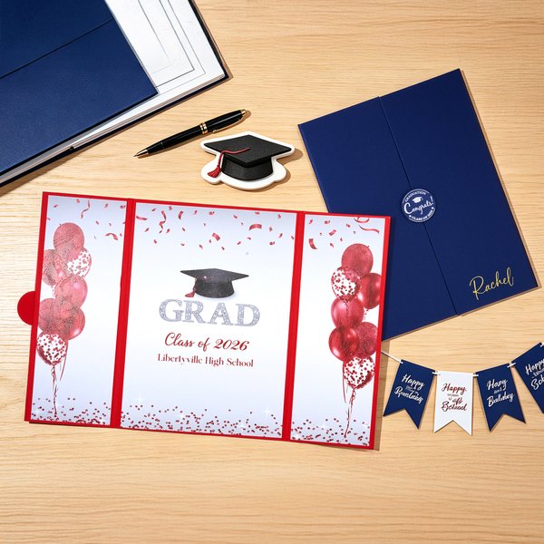 Personalized Grad Cap Balloon Congrats Foldable Guest Book with Name School and Year Party Decor Graduation Gift for Graduates