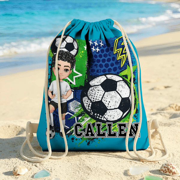 Personalized Cartoon Soccer Character Drawstring Bag with Name Travel Essentials Beach Party Birthday Gift for Soccer Lovers