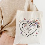 Gepersonaliseerde Hart Outline Hand-in-Hand Bloemen Vlinder Design Canvas Tas met Naam en Handvat Moederdag Verjaardagscadeau voor Mama Huisdierbezitter