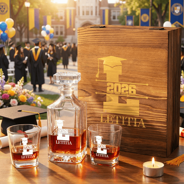 Gepersonaliseerde Graduation Cap Initial Whiskey karaf met naam en jaar Afstudeerfeest cadeau voor afgestudeerden Whiskey liefhebbers