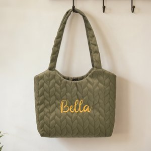 Personalised Diamond Quilted Embroidery Lightweight Tote Bag with Name Daily Use Travel Birthday Gift for Women