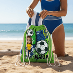 Personalized Cartoon Soccer Character Drawstring Bag with Name Travel Essentials Beach Party Birthday Gift for Soccer Lovers