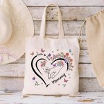 Gepersonaliseerde Hart Outline Hand-in-Hand Bloemen Vlinder Design Canvas Tas met Naam en Handvat Moederdag Verjaardagscadeau voor Mama Huisdierbezitter