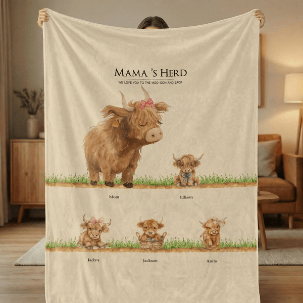 Personalised 1-10 Highland Cow Soft Throw Blanket with Name Home Decor Mother's Day Birthday Gift for Mom Grandma
