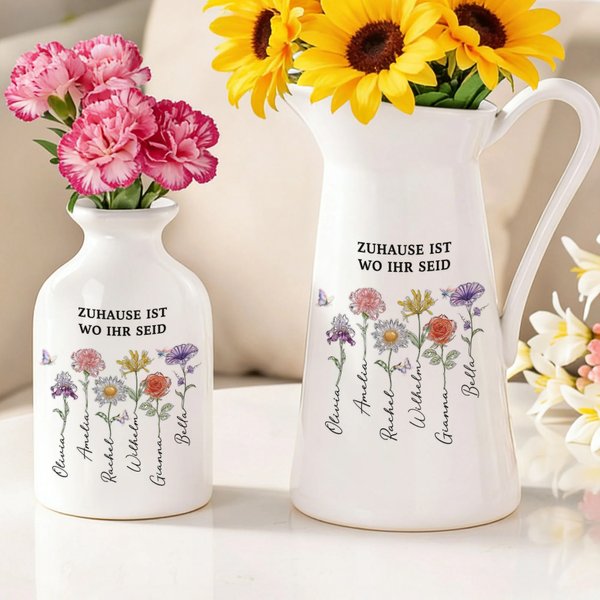 Personalisierte Keramikvase mit Geburtsblumen und Namen der Familienmitgliedern | mit Widmung | Wohndeko | Geburtstag Muttertag Geschenk für Mama Oma