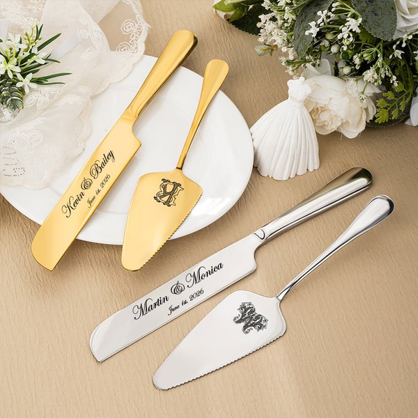 Personalized Initial Cake Knife and Server Set with Name and Date Wedding Engagement Gift for Couple