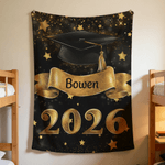 Personalized Black Gold Glitter Cap Star Soft Throw Blanket with Name and Year Graduation Birthday Gift for Graduates
